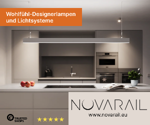 Küche mit NOVARAIL LED-Schienensystem: Spots über der Arbeitsplatte und Pendelleuchten über der Kücheninsel