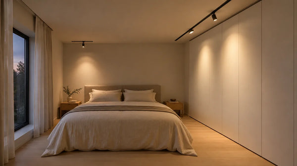 Schlafzimmer am Abend mit schwarzer Magnet-Stromschiene an der Decke, ausrichtbare LED-Spots beleuchten Kleiderschrank und Wand hinter dem Bett in warmweißem Licht
