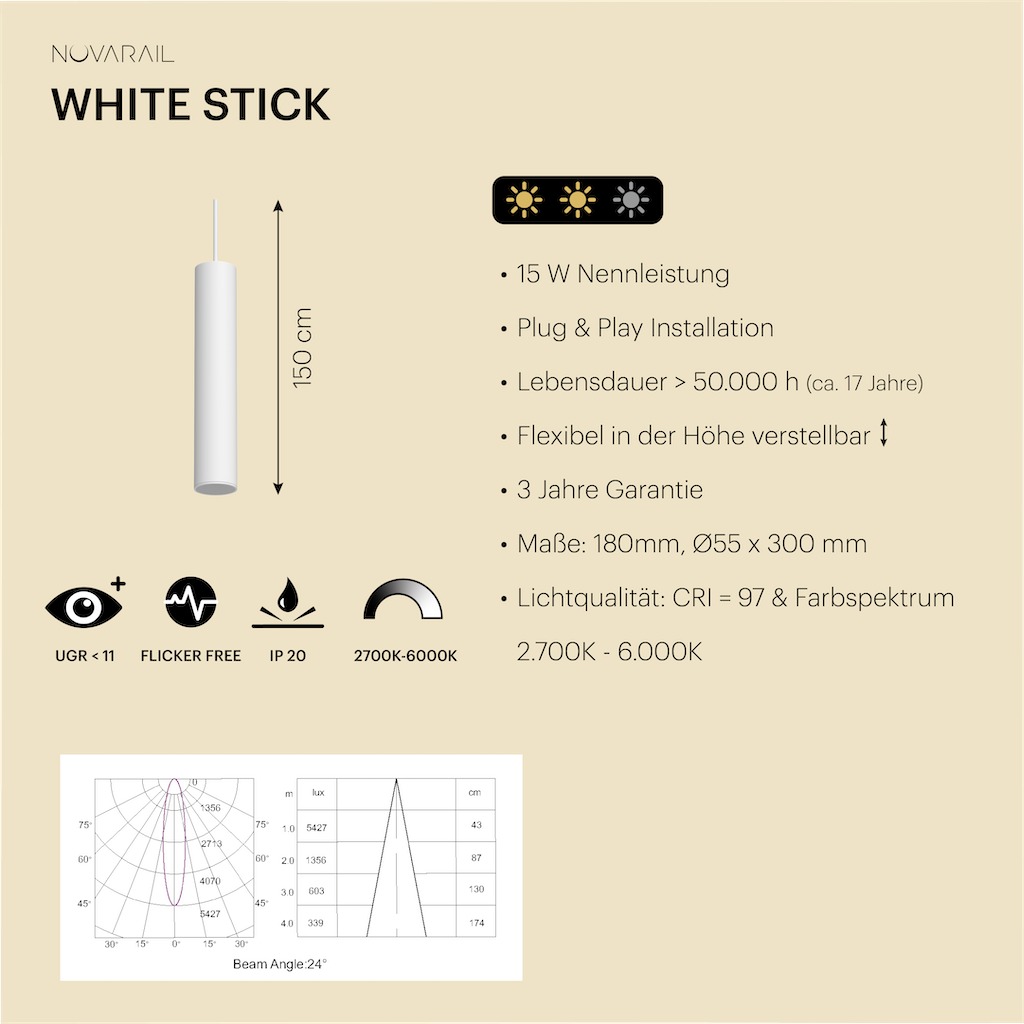 White Stick – schlanke Pendelleuchte mit gebündeltem Licht